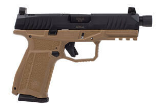 AREX Delta M Tactical 9mm Optic Ready FDE Pistol with threaded barrel features suppressor height sights